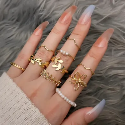 Boho Flower Leaf Knuckle Fashion Ring Set 